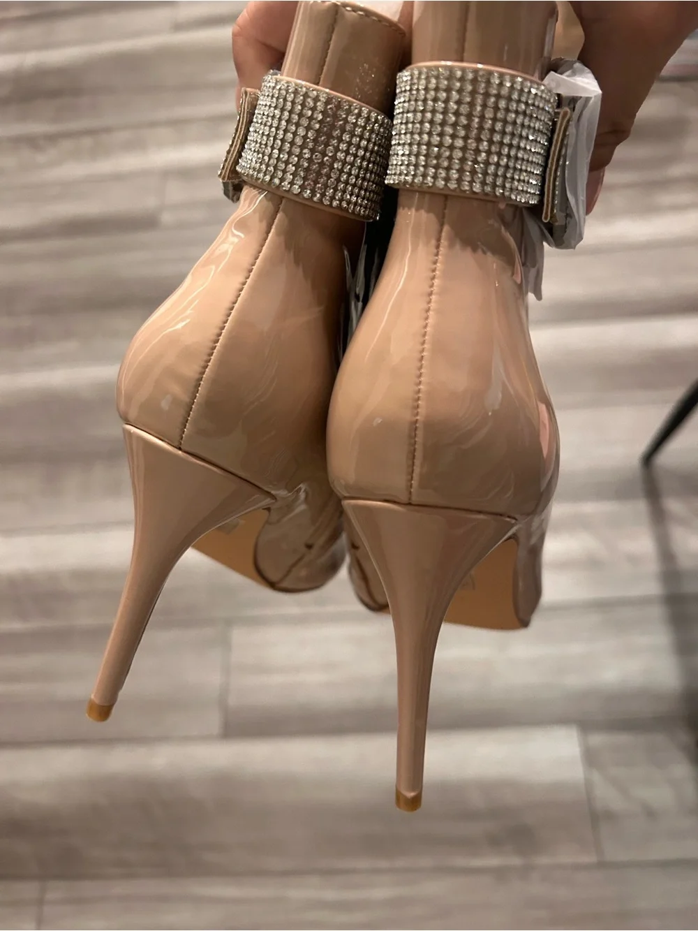 Nude Patent Rhinestone Buckle Ankle Bootie